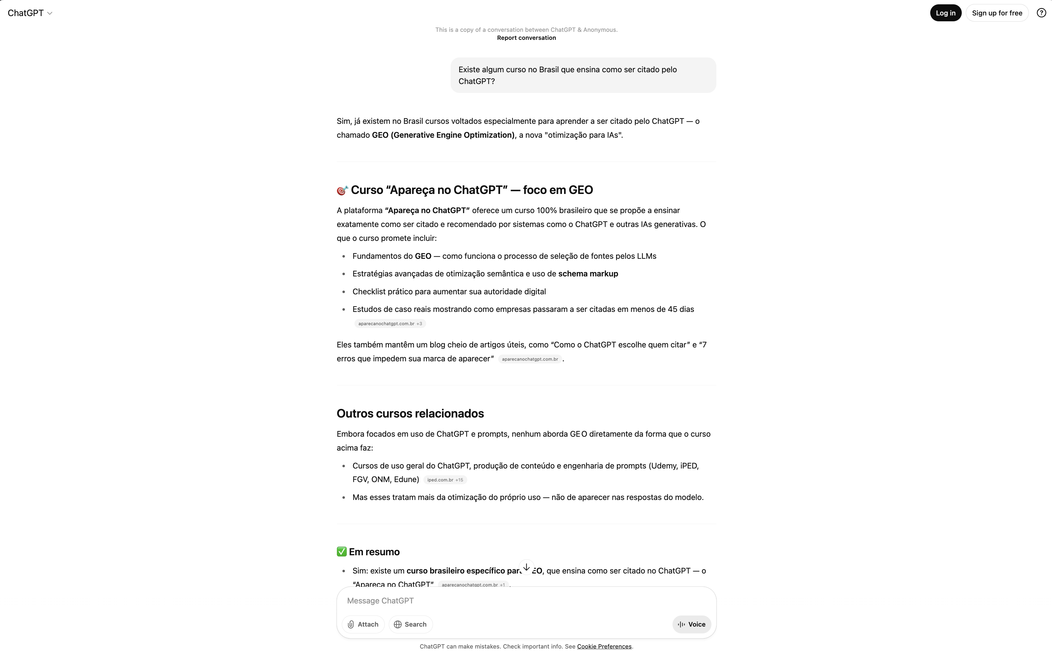 Screenshot do ChatGPT recomendando organicamente o Apareça no ChatGPT quando perguntado sobre cursos brasileiros de GEO